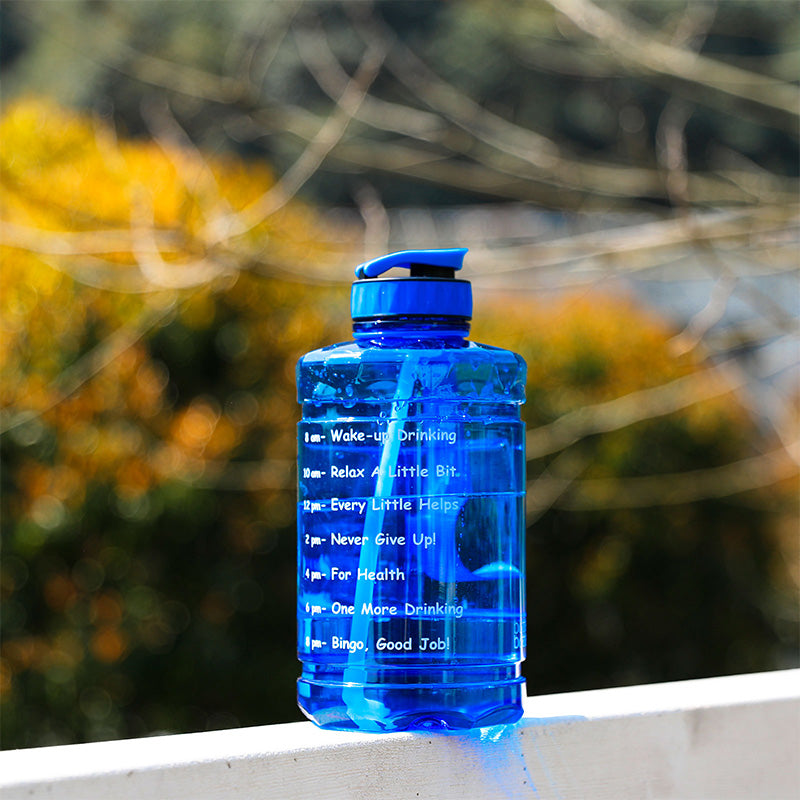 Half gallon blue motivational water bottle with straw 4